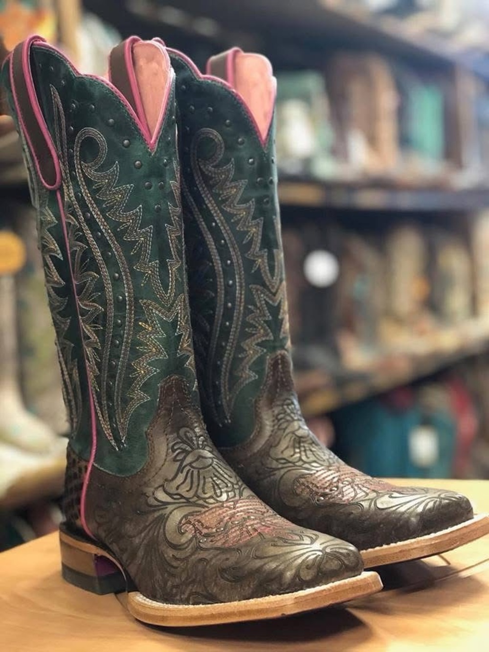 Ariat Green Suede and Brown Embossed Western Heeled Boots with Pink Trim